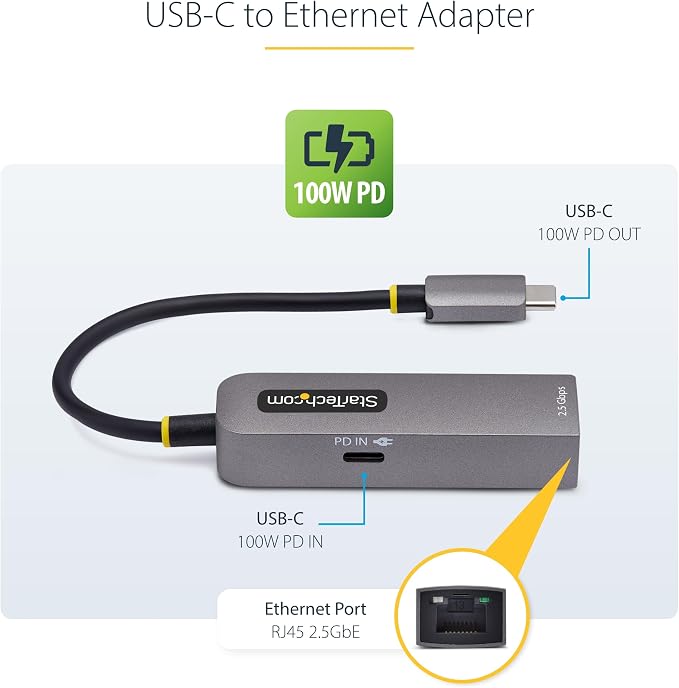 StarTech.com 2.5GbE USB-C to Ethernet Adapter, 100W PD Pass-Through, NBASE-T NIC - Image 2