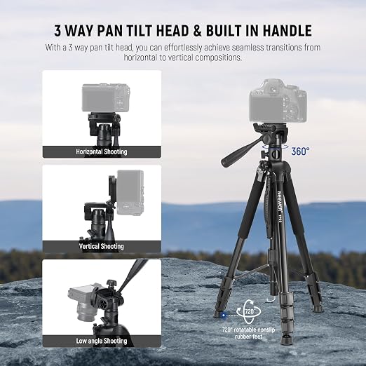 NEEWER Basic 74" Video Tripod Monopod, 3 Way Pan Tilt Head, Overhead Camera - Image 3