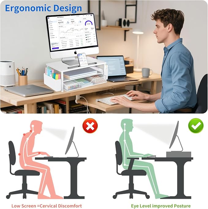 AUPSEN White Monitor Stand Riser, 2-Tier Wood Computer Desk Organizer - Image 2