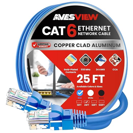 CAT 6 Ethernet Cable 25 FT, Indoor High-Speed 10Gbps Snagless Long CAT6 25 FT by AvesView