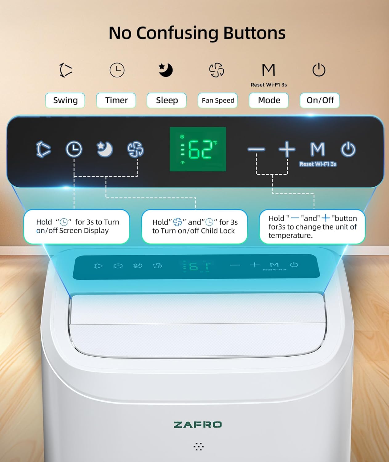 ZAFRO 10000 BTU Portable Air Conditioners (6000 BTU SACC), AC Unit for Bedroom with Drainage-free Cooling, Fan & Dehumidifier, 47dB Quiet, 24H Timer, APP Control/Remote/LED Display