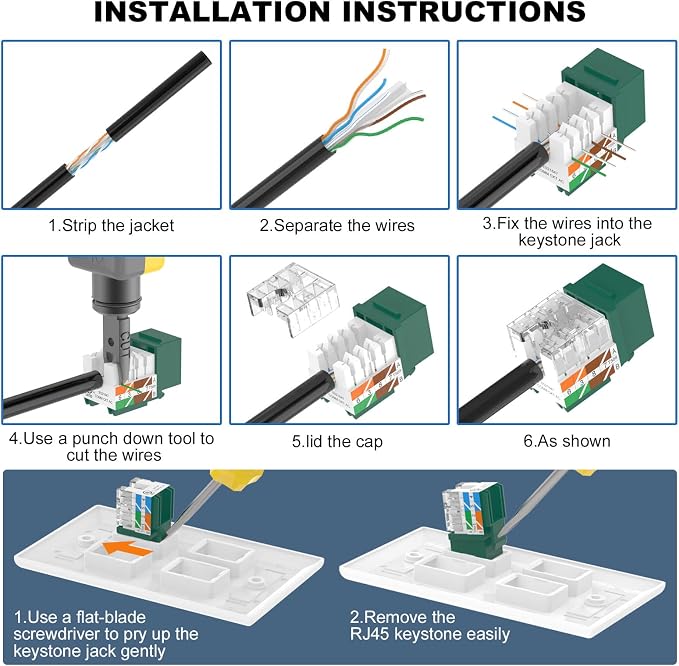 VCE UL Listed Cat6 RJ45 Keystone Jack Insert 25-Pack, 90 Degree Punch Down - Image 8