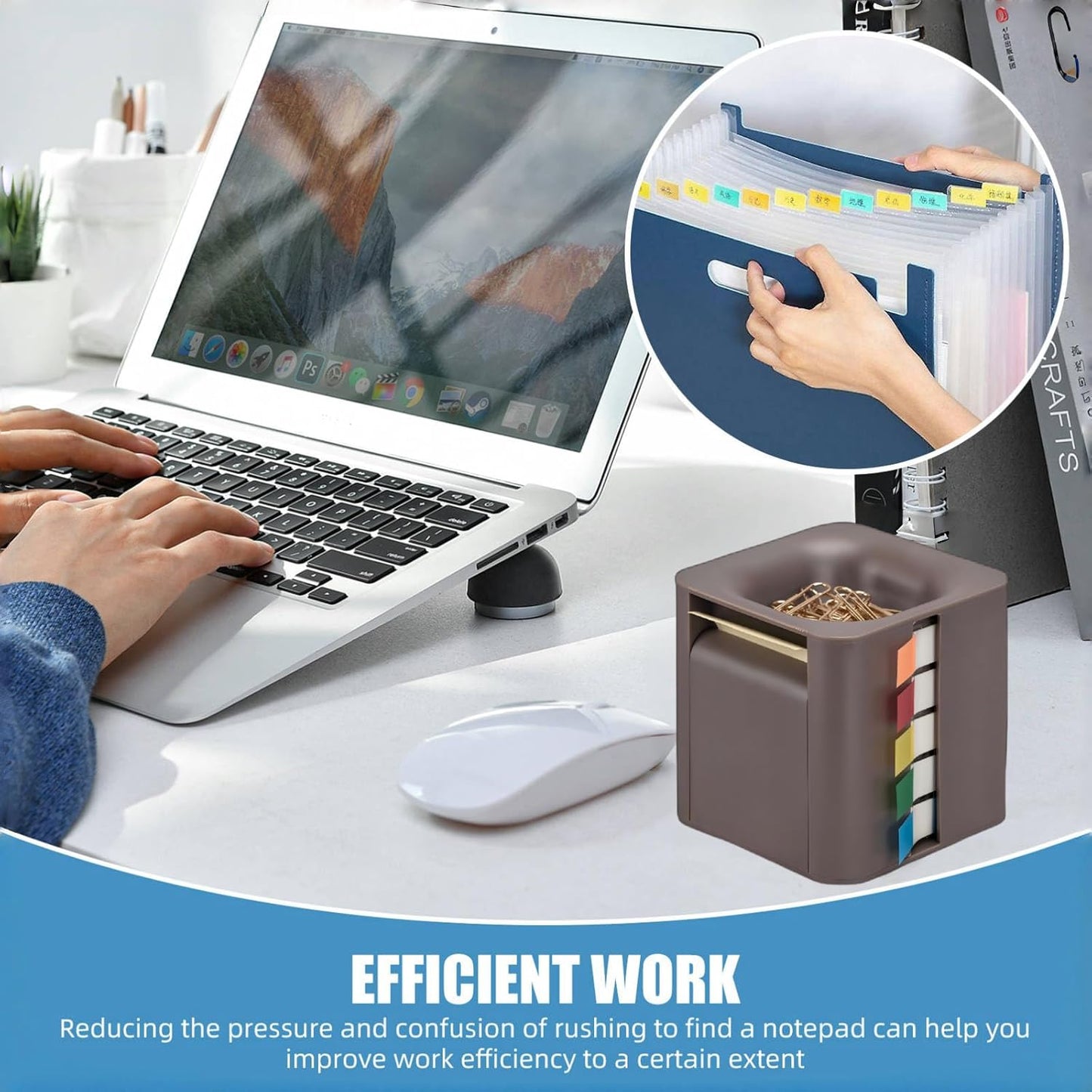 5-in-1 Sticky Note Holder and Dispenser with Magnetic Paper Clip Holder, 3x3 Pop-Up Note and Annotation Labels, Full Adhesive Note Roll Desktop Organizer for Office, Study Room (Brown)