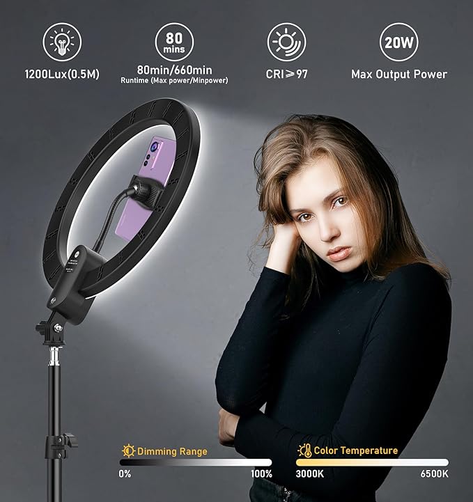 12 inch Ring Light with Stand 2800mAh Rechargeable, LED Circle Selfie Cordless - Image 3