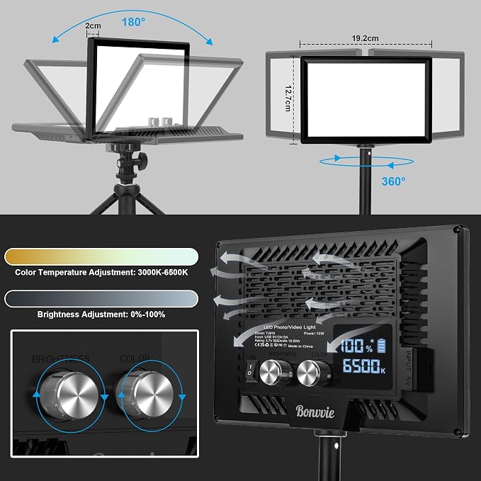 15W Rechargeable LED Video Light Kit, 9” Camera Light - Image 2