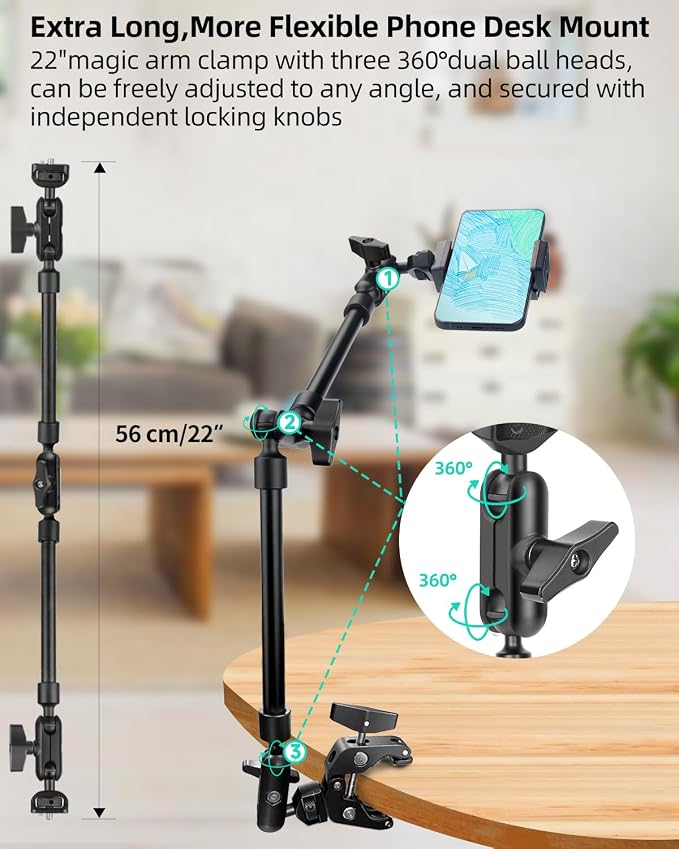 22" Magic Arm w Clamp, Overhead Phone Mount, Desk Camera Mount w Articulating - Image 3