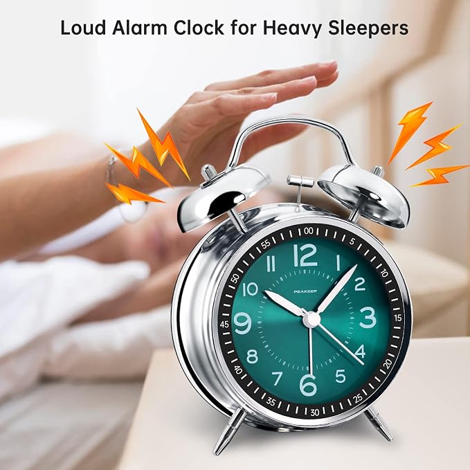 Peakeep Loud Alarm Clock for Heavy Sleepers Adults, Metal 4.5" Twin Bell - Image 2