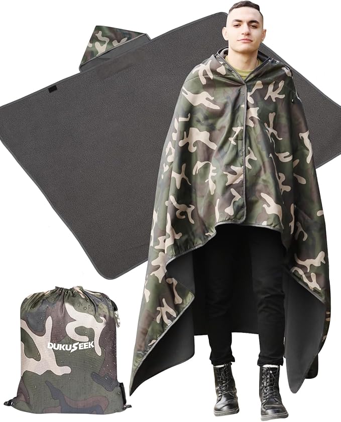DUKUSEEK Hooded Stadium Blanket, Camouflage Waterproof Windproof Outdoor Fleece by DUKUSEEK