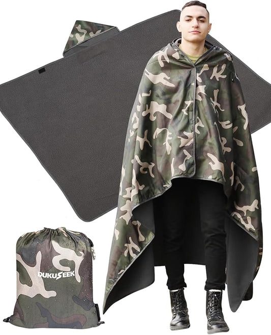 DUKUSEEK Hooded Stadium Blanket, Camouflage Waterproof Windproof Outdoor Fleece by DUKUSEEK