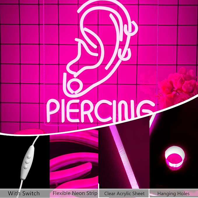 Ear Piercing Neon Sign, Cool Pink Dimmable LED Creative Ear Earring Neon Light - Image 2