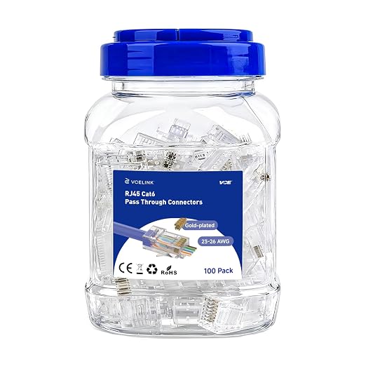 VCE 100-Pack Cat6 RJ45 Pass Through Connectors, 10Gbps Unshielded Ethernet by VCE