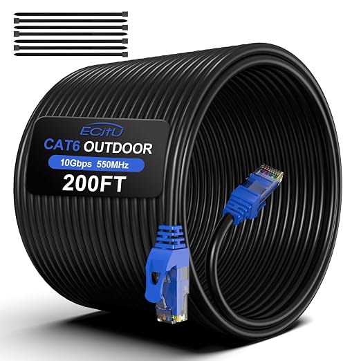 200FT Cat6 Outdoor Ethernet Cable, Heavy Duty Direct Burial, 24AWG CCA Patch by ECJTU-US