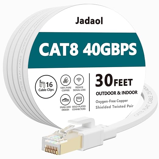 Jadaol Cat 8 Ethernet Cable 30 ft, 40Gbps 2000MHz Flat RJ45 S/FTP LAN Patch by Jadaol