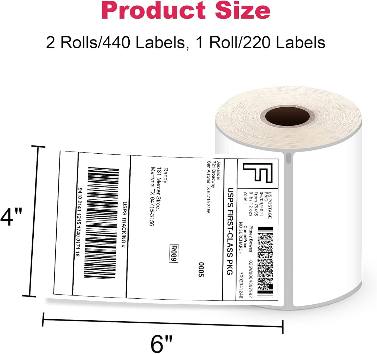 Shipping Labels 4"x6" Compatible with Dymo LabelWriter 4XL 1744907, 1755120, Thermal Postage Labels for All Thermal Label Printers, Permanent Adhesive, BPA Free, 220 Labels/Roll (2 Rolls)