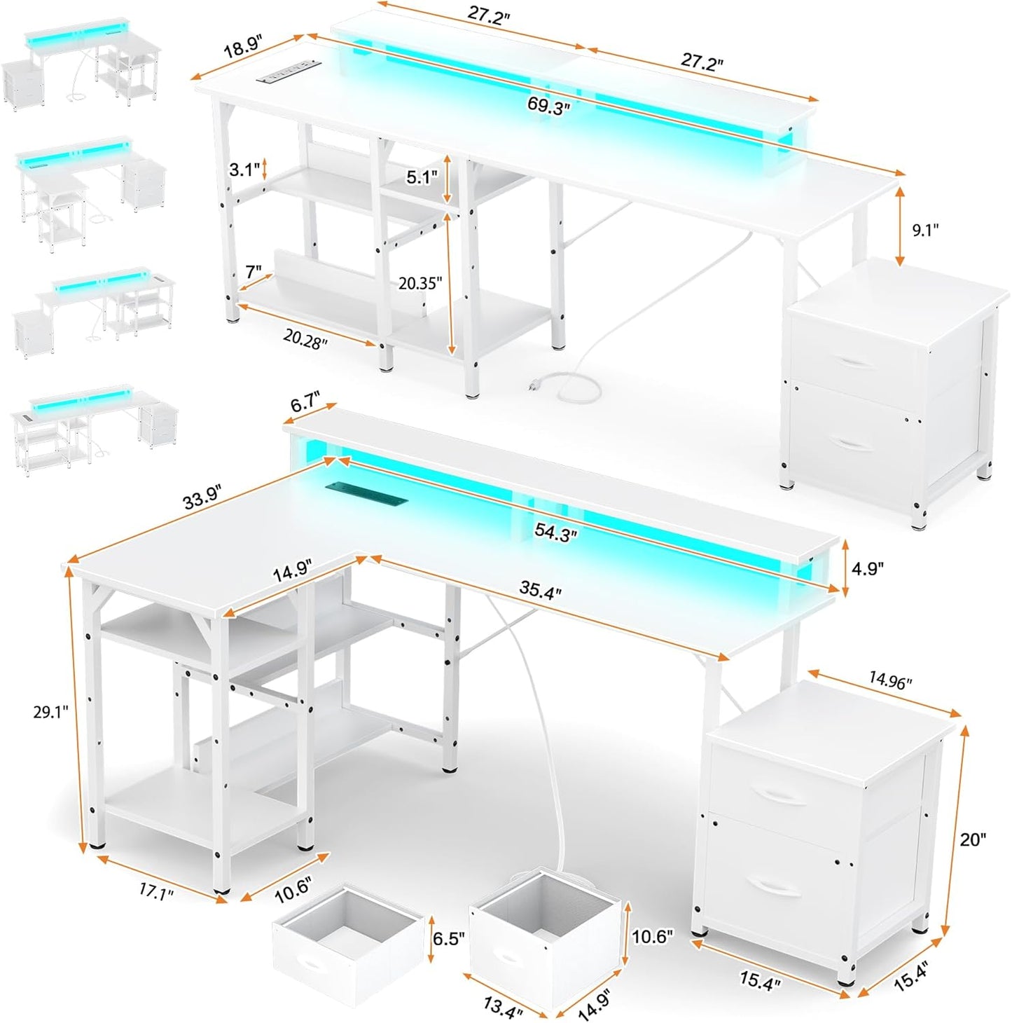 YOUNGAR 69.3" Home Office Desk with Storage, Reversible L Shaped Computer Desks, Corner Gaming Office Desk with 2 File Drawers&Power Outlet, All White