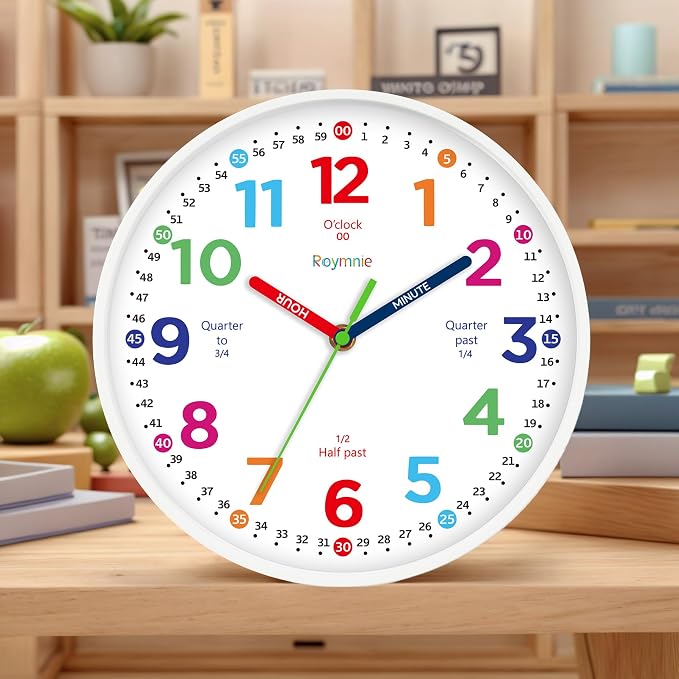 Roymnie Wall Clock for Kids Learning to Tell Time Non Ticking Battery Operated - Image 4