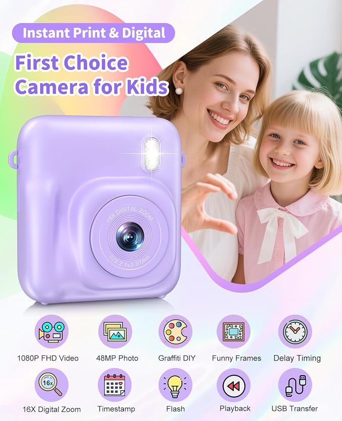 Digital Camera for Kids Instant Print, 48MP Dual-Lens Kids Camera for Girls - Image 2