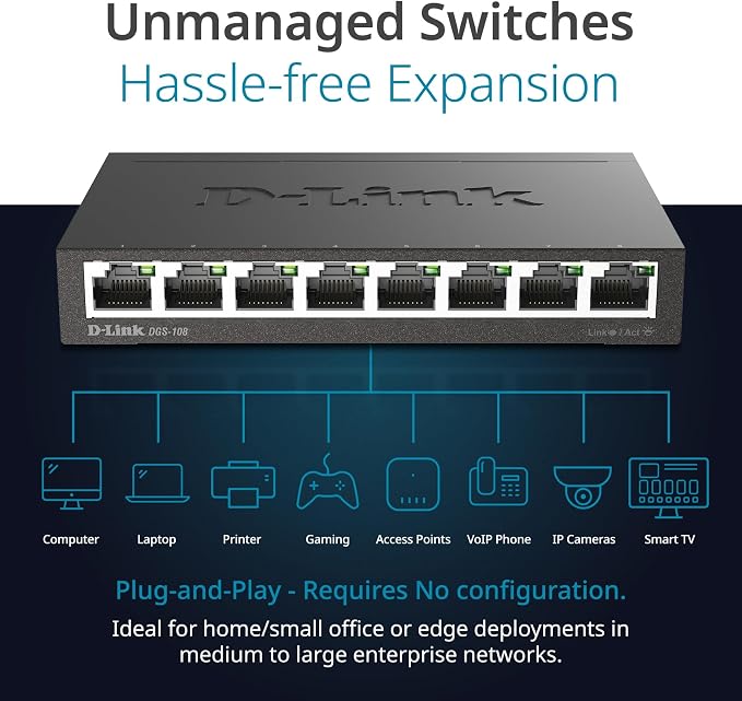 D-Link DGS-108, 8 Port Gigabit Ethernet Switch Unmanaged, Network Splitter - Image 3