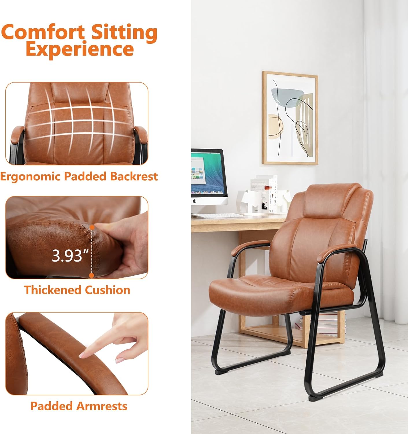 CLATINA Big & Tall 500 lb. Guest Chair, PU Leather Office Reception Chairs with Sled Base, Desk Chair No Wheels for Waiting Room Conference Lobby Computer Living Room, Brown, 8 Pack