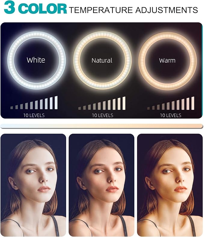 10" Selfie Ring Light with 10" Stand and 60" Selfie Stick, 3 Color Light - Image 2