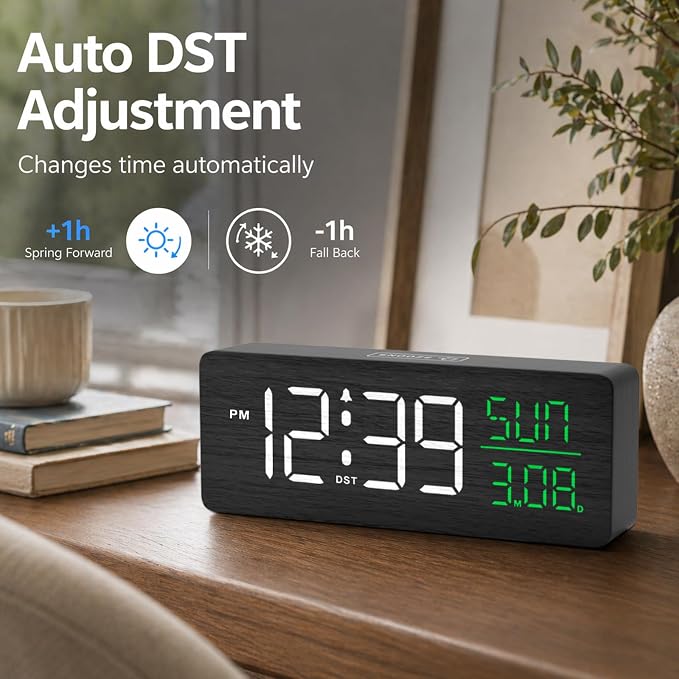 Peakeep Wooden Digital Alarm Clock Large Display, Textured Decoration - Image 5