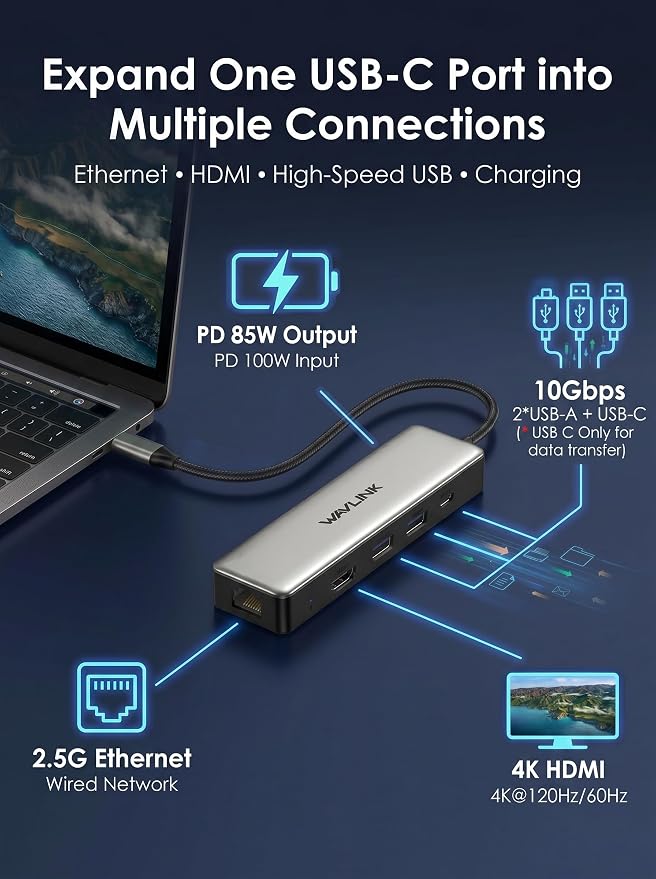 USB C Hub 2.5G Ethernet, WAVLINK 10Gbps USB C Hub Multiport Adapter - Image 2