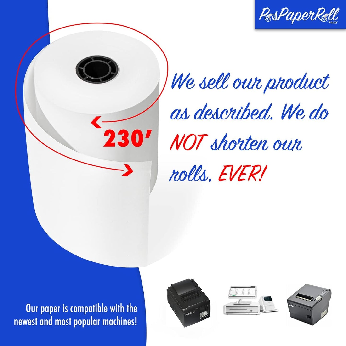 3 1/8 x 230 Thermal Paper Receipt Rolls (50 GSM - Solid Core) Fits All POS Cash Registers Printers, Clover Square Stations, Star Micronics SCP700, TSP100 BPA Free - Premium Grade (2700 Rolls)
