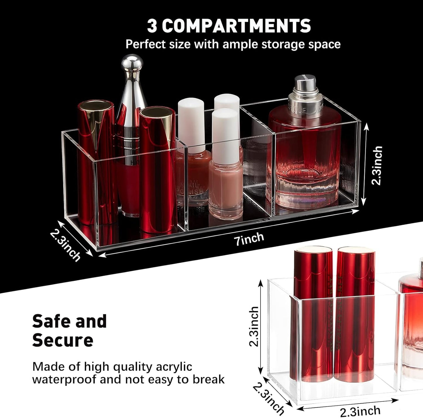 Epakh 2 Pieces Acrylic Cube Organizer 3 Compartments Clear Acrylic Pencil Holder Makeup Brush Drawer Organizer for Desk, Office, Vanity