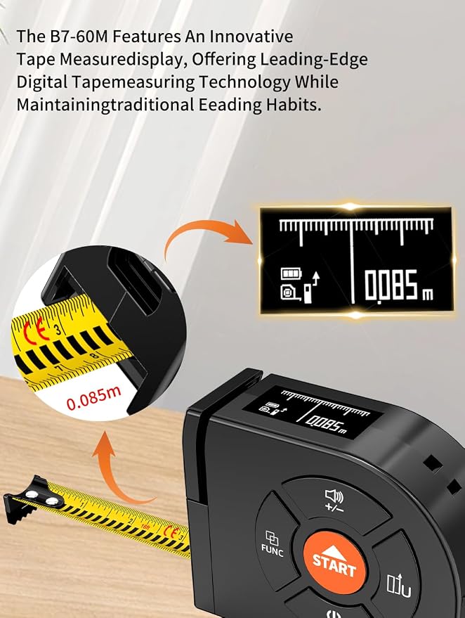 Laser Tape Measure 3-in-1, 196ft/60m Laser Distance Meter, 16ft/5m Digital Tape - Image 3