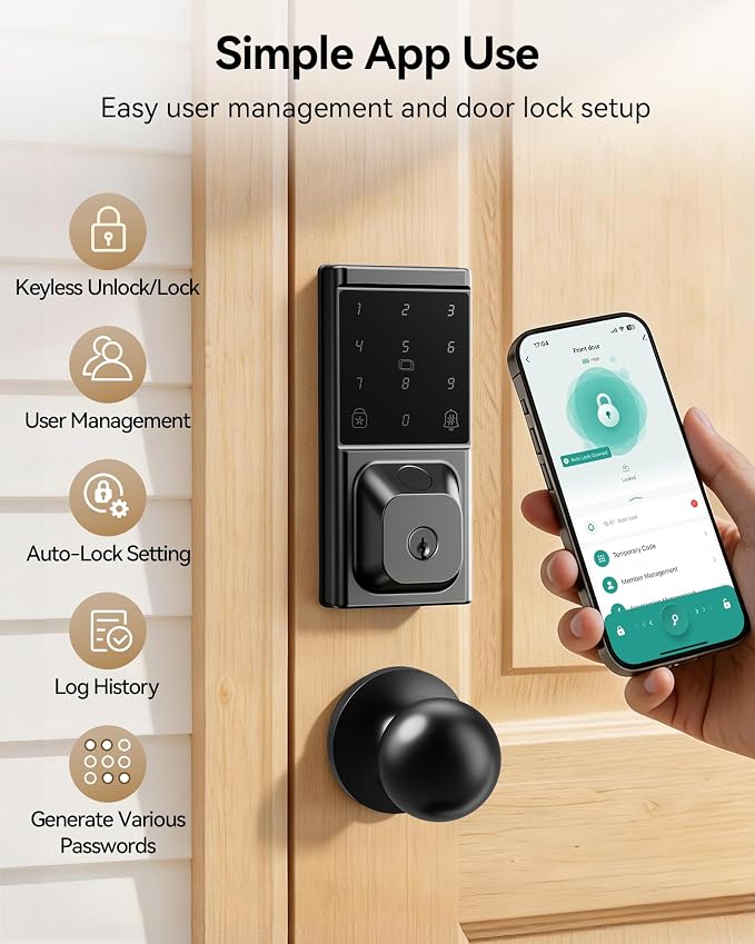 Smart Deadbolt Lock with Knob Handle, Keyless Entry Door Lock Set, Fingerprint - Image 4