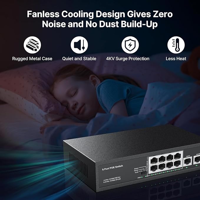 Real HD 10 Port PoE Switch, 8 Ports PoE+ 2 Uplink Unmanaged 100Mbps Switch - Image 4