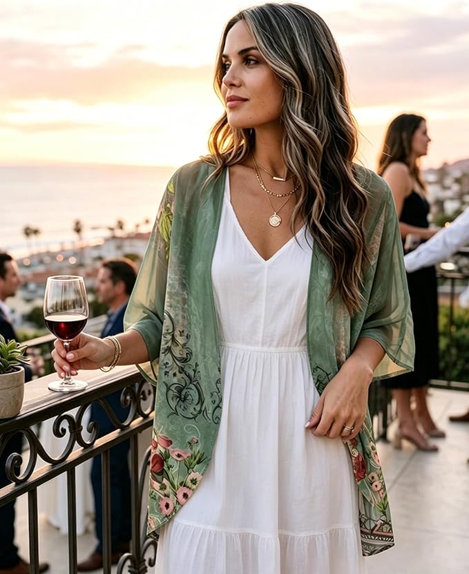 Women's Floral Print Puff Sleeve Kimono Cardigan Loose Cover Up Casual Blouse - Image 3