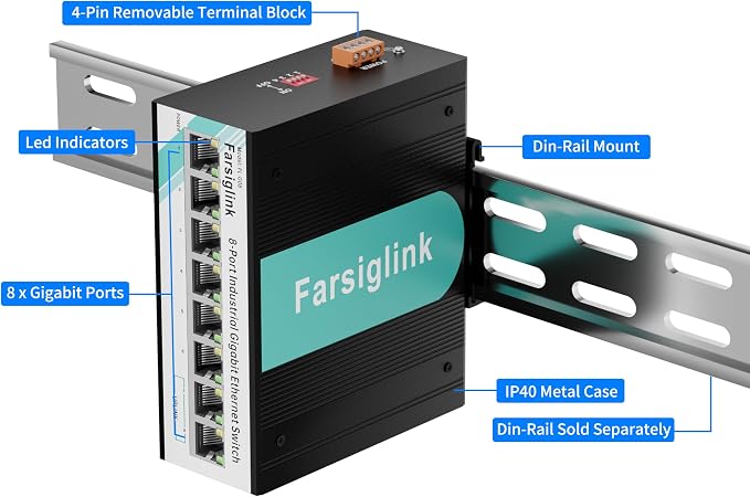 8-Port Industrial Gigabit DIN-Rail Mini Switch, 2 Gigabit Uplink Port, 16Gbps - Image 8