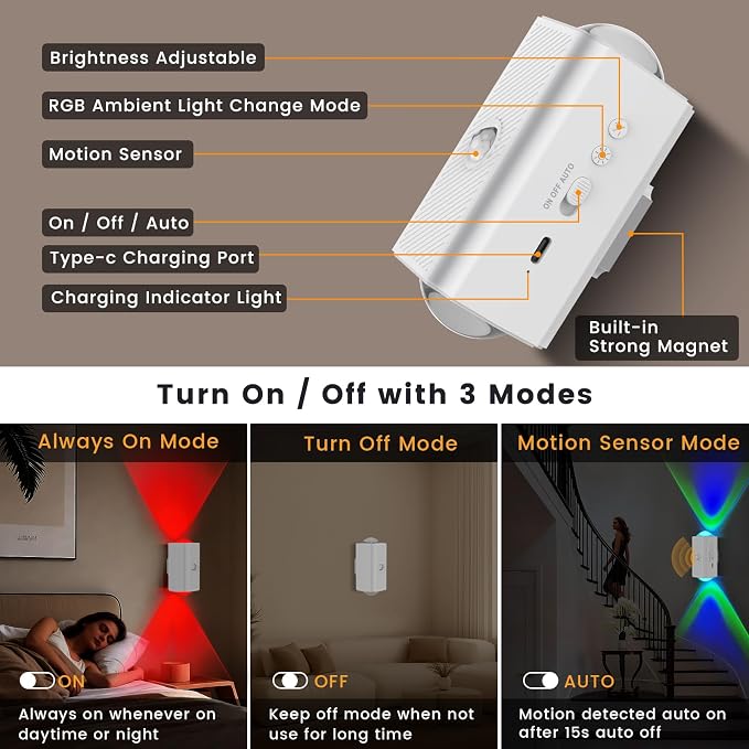 easuntec Motion Sensor Rechargeable Night Light Color Changing, 8 Colors Sunset - Image 5