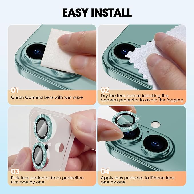 for iPhone 16/16 Plus Camera Lens Protector Bling Individual Metal Glitter Ring - Image 7