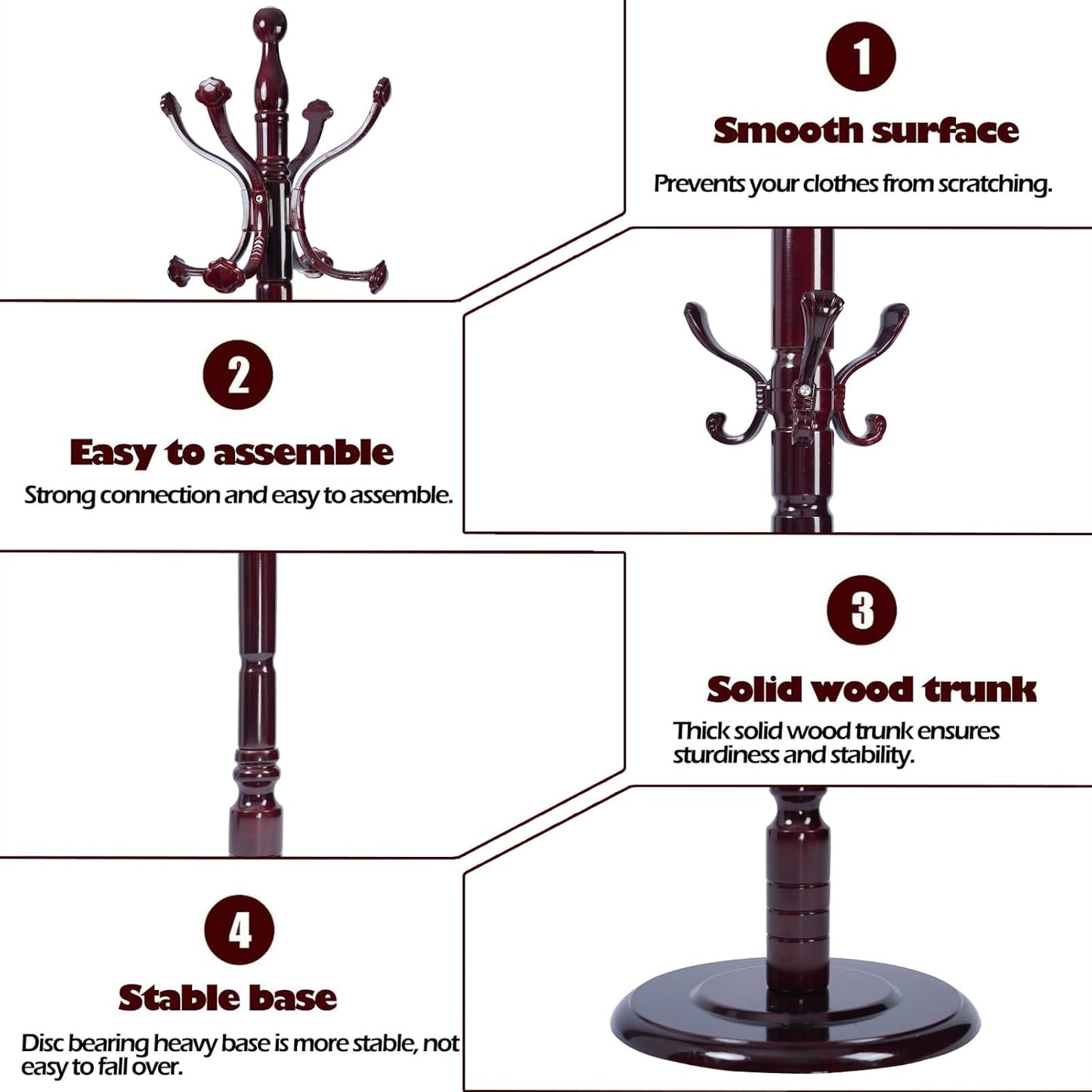 Coat Racks Free Standing with 14 Hooks, Natural Wood Coat Stands for Entryway, Adjustable Height 72 in Tree Coat Rack Stand for Hallway Home Office Bedroom (Mahogany Ruyi)