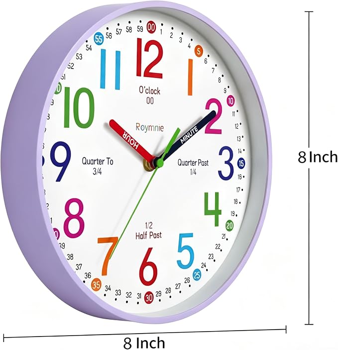 Roymnie Wall Clock 8 Inch for Kids Learning to Tell Time Easily Non Ticking - Image 5