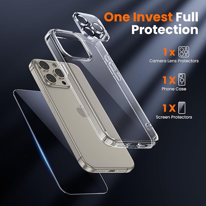 toushion 3 in 1 for iPhone 15 Pro Case Clear, Screen Protector *1 & Camera Lens - Image 2