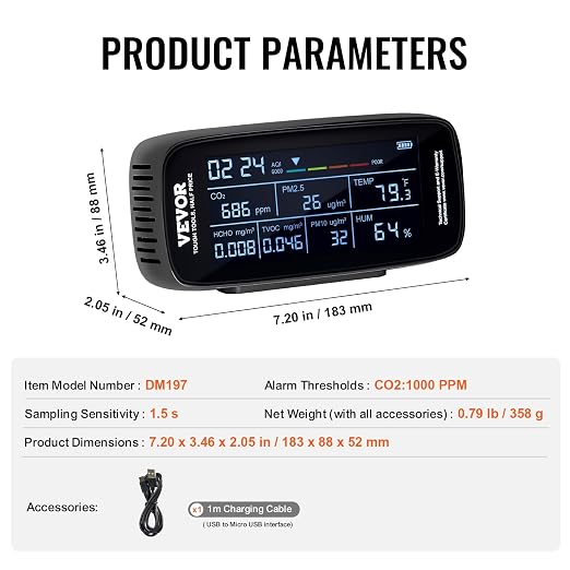 VEVOR Air Quality Monitor 9-in-1, Temperature, Formaldehyde TVOC AQI Tester - Image 7