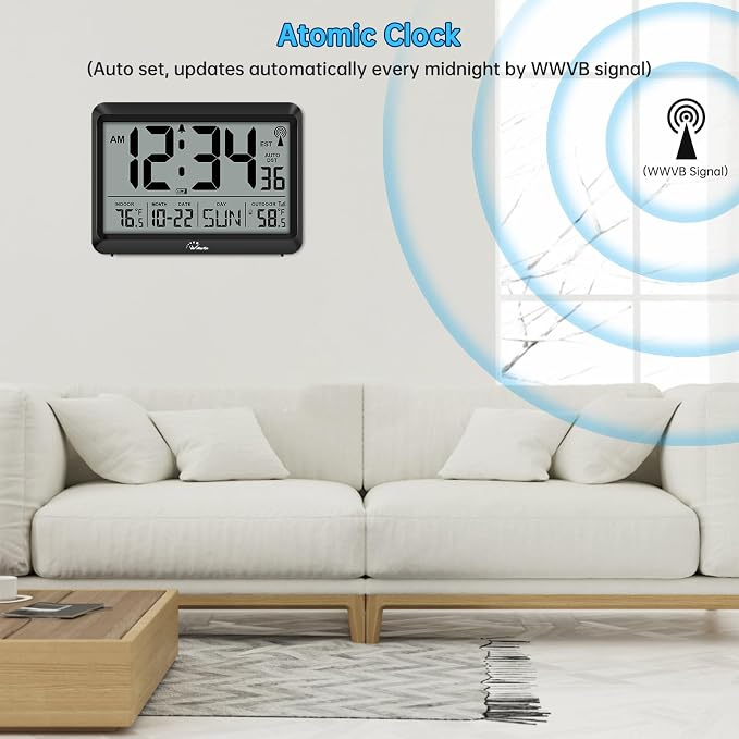 WallarGe Atomic Clock with Indoor Outdoor Temperature - Image 3