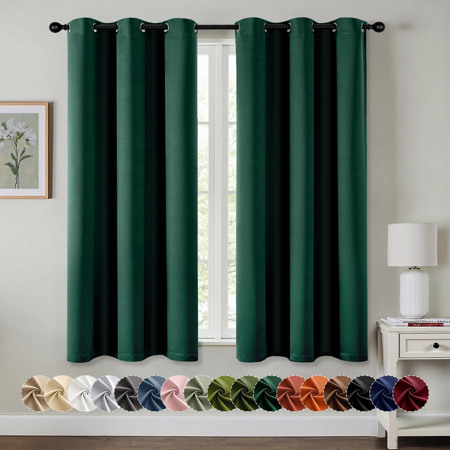 MIULEE Hunter Green Blackout Curtains for Bedroom Living Room 63 Inches Long 2 Panels, Thermal Insulated Room Darkening Drapes Solid Grommet Top Noise Reduction Emerald Green Curtains 40x63 Inch