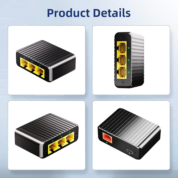 Binardat 1 to 3 Gigabit Network Splitter, 4 Port Ethernet Switch, Type-C Power - Image 6