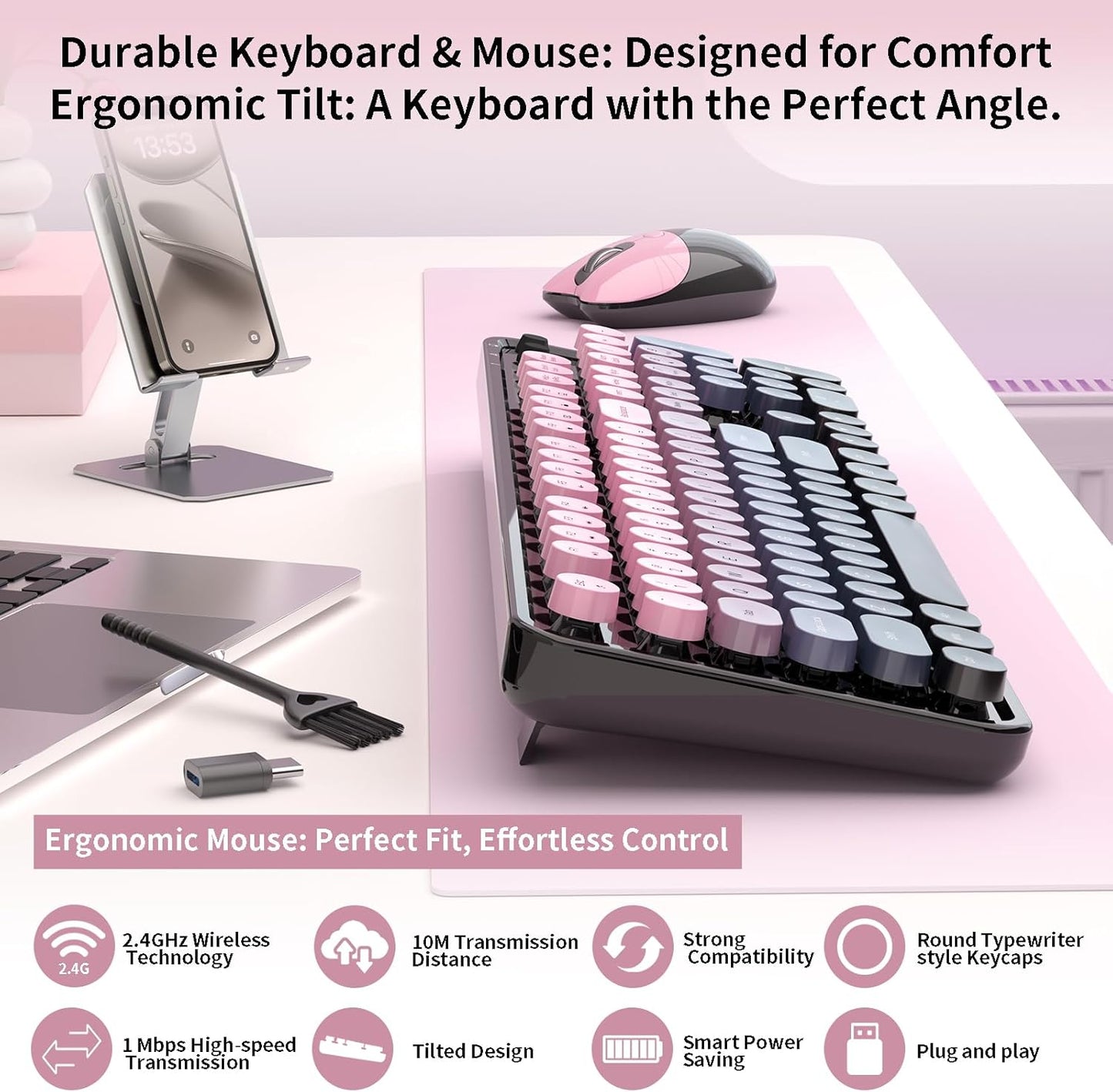 Wireless Keyboard and Mouse, MOFII 104 Round Keycaps Retro Typewriter with OTG & Brush, Full-Size Ergonomic, Ideal for Windows PC, Home, Office and College Peach Pink