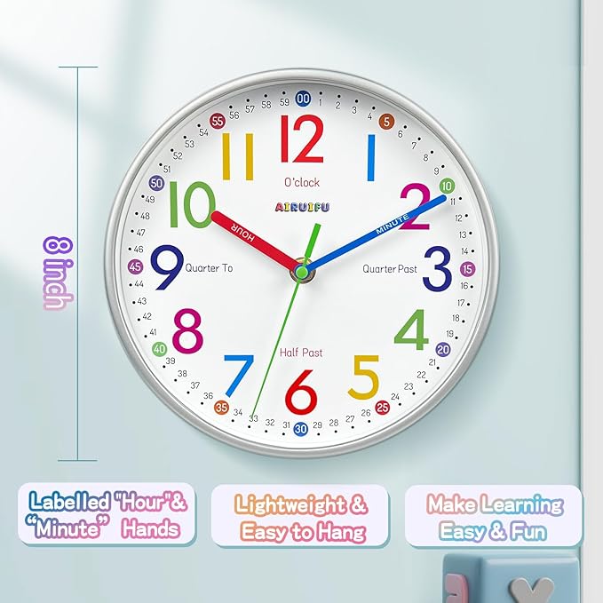 AIRUIFU Wall Clock for Kids Learning Tell Time Easily Non-Ticking Battery - Image 5