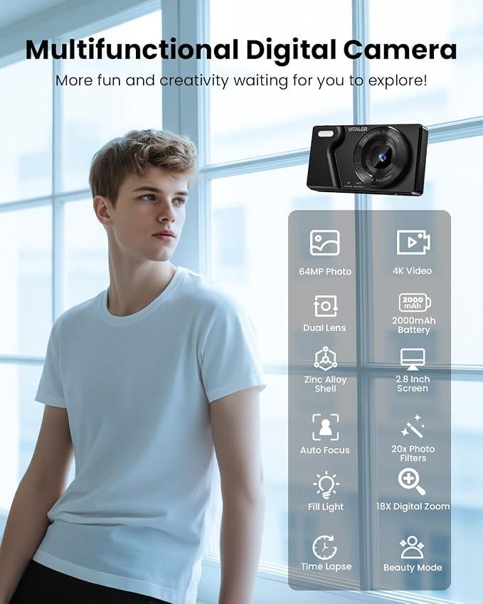 Digital Camera with Front Rear Lens, Autofocus 64MP 4K Camera - Image 3