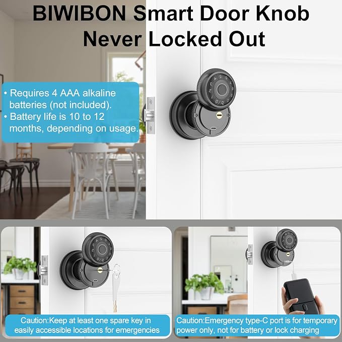 BIWIBON 4-in-1 Smart Door Knob, Fingerprint Door Knob - Image 5