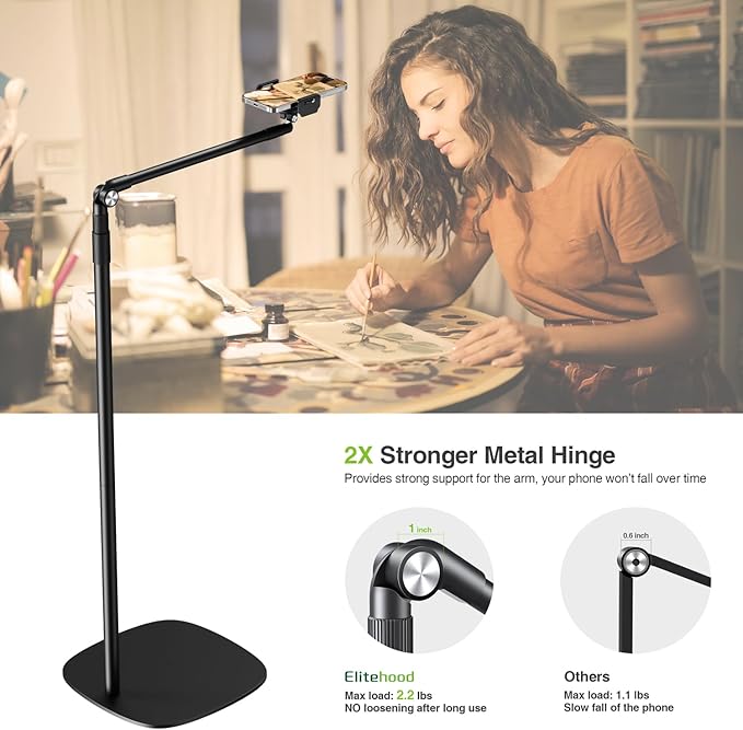 elitehood Floor Phone Stand Overhead Video Recording, 360 Degrees Swivel Tilt - Image 3
