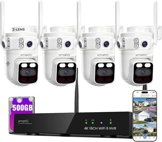 XMARTO 6MP Tri-Lens 4-Cam 500GB WiFi Mesh Security Camera System, 16CH 4K H.265 by xmartO