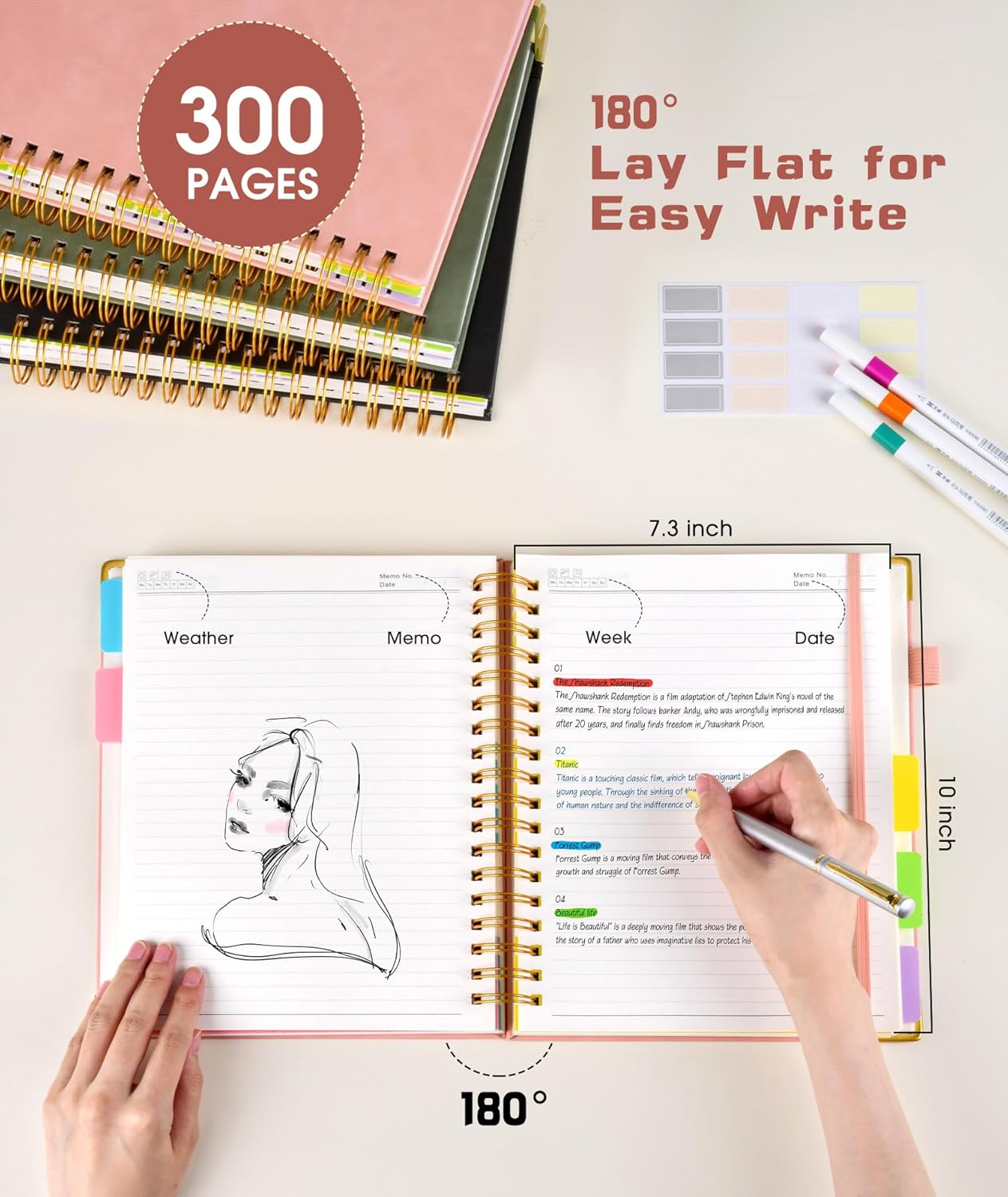 Hardcover Spiral Notebook Journal with Removable Dividers Tabs, 300 Pages Leather 5 Subject Notebook College Ruled, 8"x10" Large B5 Notebooks for Work School Note taking, Lined Journal for Women, Pink