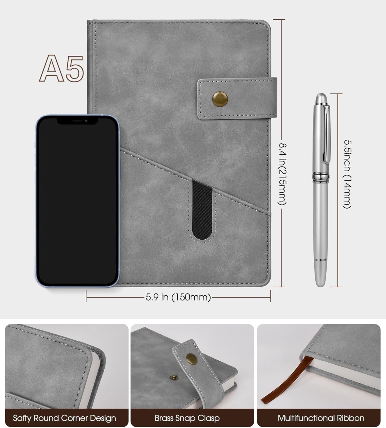 A5 Lined Leather Journal Notebook,Hardcover Journal Set with Pen and Gift Box,100Pages 100gsm Thick Ruled Paper Daily Diary for Men Women School,Travel,Business,Work,Writing 5.9" X 8.4"